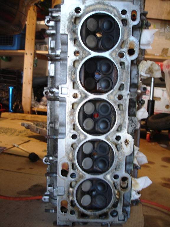 The head after pulling. Was a little sludgy (not shown). Notice how #2 the exhaust valves are "wet" because it was not firing.