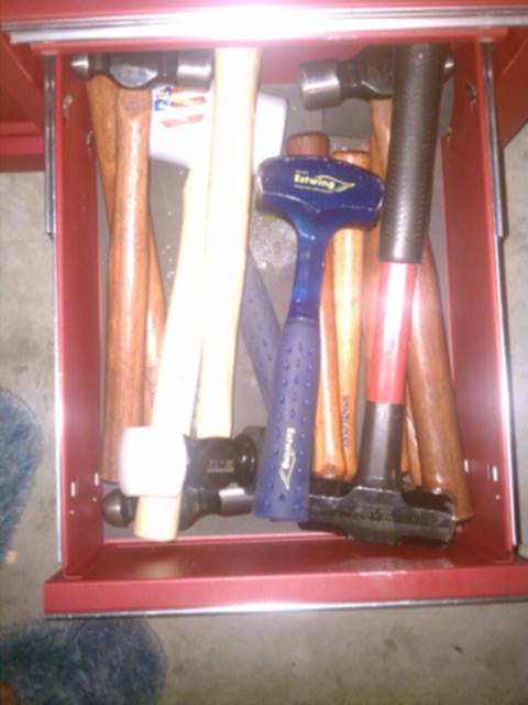 "Persuader" drawer. Craftsman 8oz-32oz ball peins and rubber mallet and 4 lb sledge. Estwing 3 lb drilling hammer and claw hammer along with non-marring mallet (best non-marring mallet out there bar none and cheaper than the imports).
