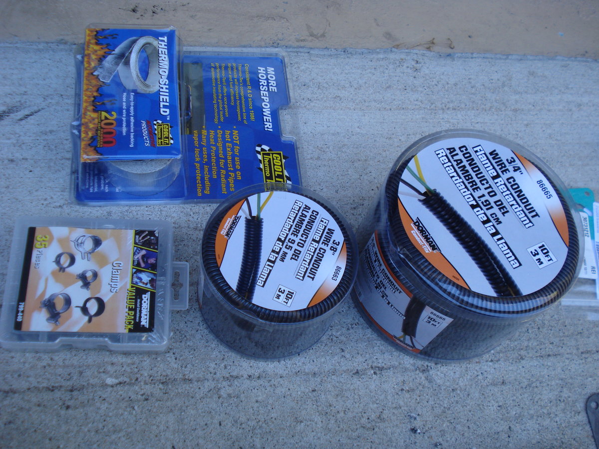 some goodies i bought for the make over... wire loom, a complete set of hose clamps, COOL IT heat insulation, great stuff. $20 at auto zone, but you might find it cheaper elsewhere, i dont know....yet.