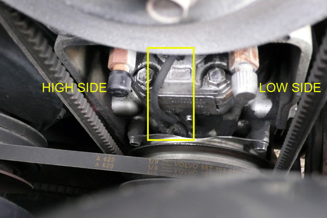 Photo taken from front of car. This image also shows the high side (small diameter hose) and the low side (large diameter hose) of the compressor on my 242DL as there are so many posts asking for this information. See hoses behind compressor in the picture above.