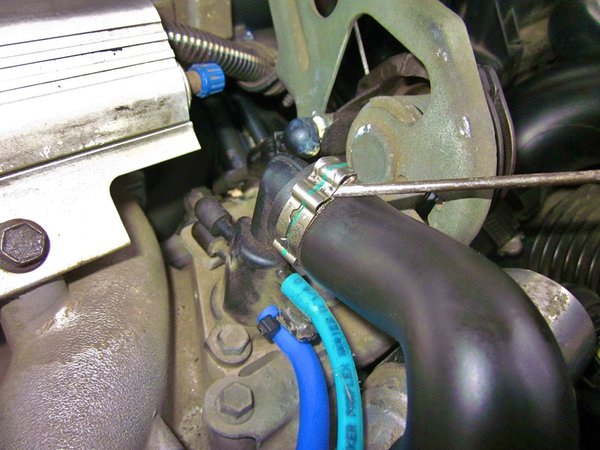 Screwdriver prying the Oetiker clamp loose from the IAC-Vacuum tree hose.