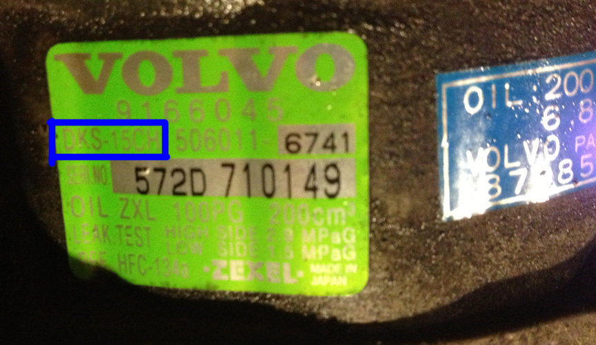 The compressor model is inside the hand-drawn blue box. This one is a DKS-15CH, so it uses PAG 46 oil.