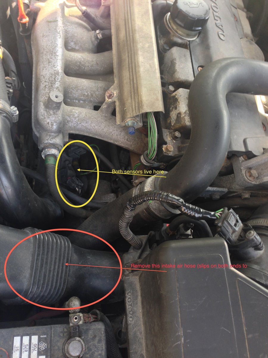 Here is where we will be working today. Get the air cleaner hose out of the way for space - it just slips on both ends (red oval)