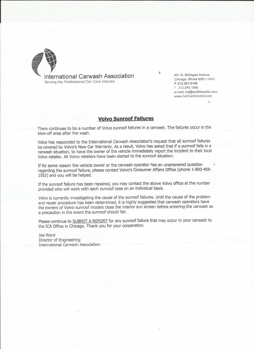 Letter stating Failure Sunroof issue