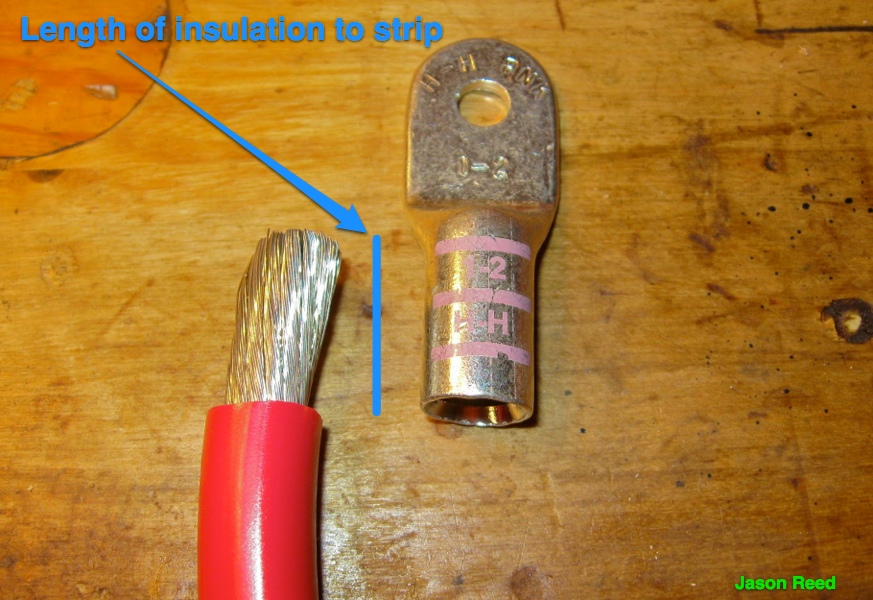 Stripped length of 1AWG wire to fit into lug.