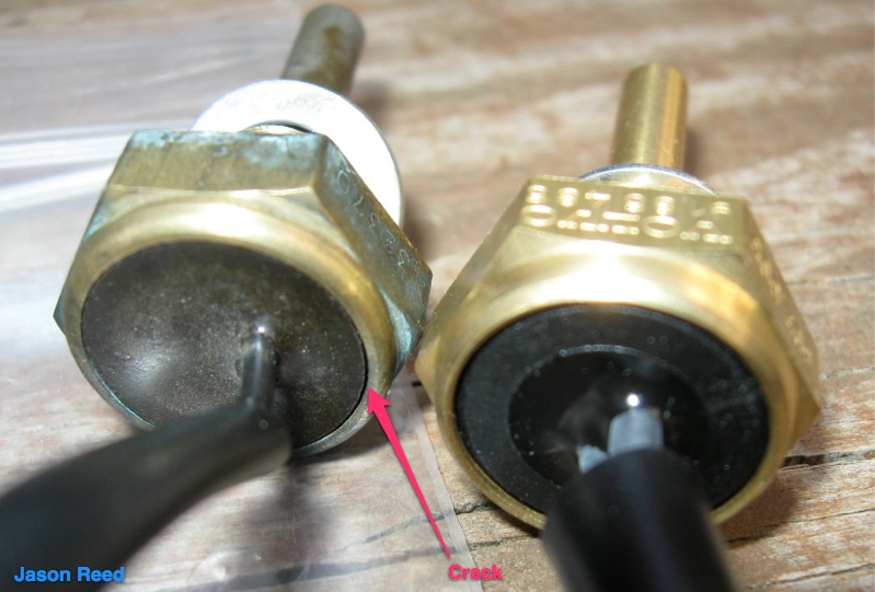 Old FAE ECT sensor (left) has a cracked seal at the epoxy-metal interface.  New SWF/OEM sensor on right has a plastic collar between the epoxy and metal.