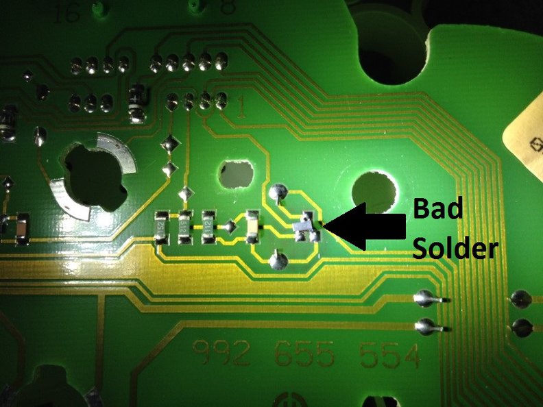 Broken connection on fuel/temp gauge side of board.