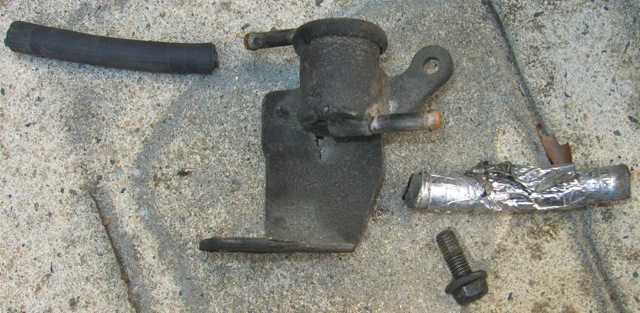 Old hoses, one with duct tape "squirrel proofing" wrapped around it