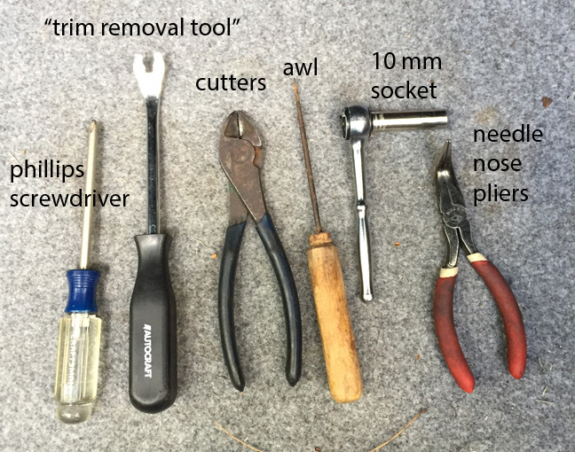 All tools I used on this quick job. The awl was handy when I cut the spring in step 8.