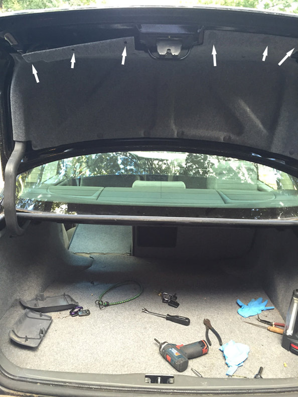 step 2 - remove the 6 pop-in retainers for the edge of the fabric on the trunk lid. I use a trim removal tool, if you don't have one then you may want to treat yourself on this job with some of the $$ you saved and get one, they are super handy.