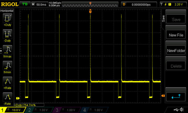 Scope probes were on ECM's A38(+) and fusebox 11B/5 (-). Duty cycle about 10% and voltage is about -12v. Scope is at 10v/division and time is at 50 millisec/division.