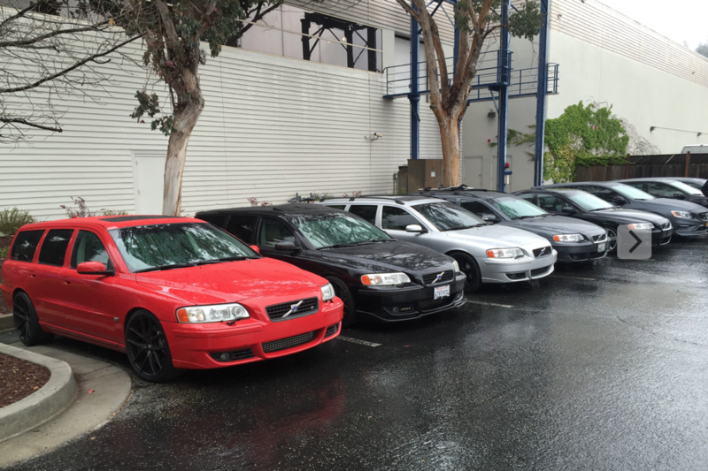 Most cars were scattered around the lot. The Volvo Gang kept it together.