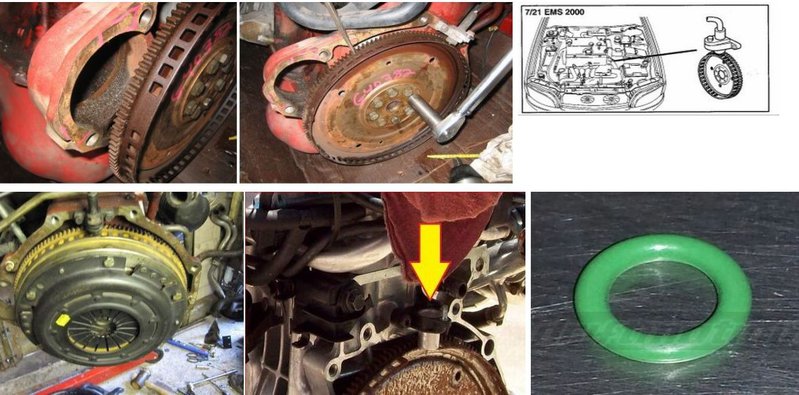 Pic collage of crank position sensor and the suspect o-ring riding on the sensor trigger wheel.