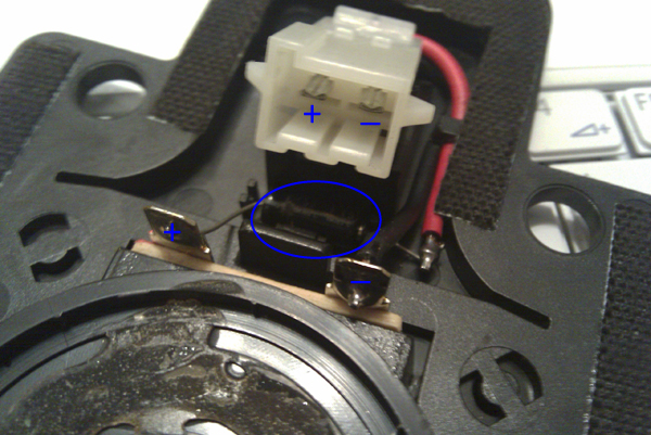 Original factory speaker, capacitor &amp; wiring harness, female end.  Polarity noted.