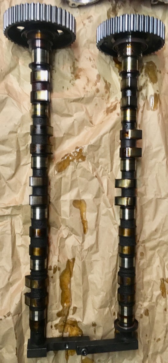Camshafts removed from cylinder head