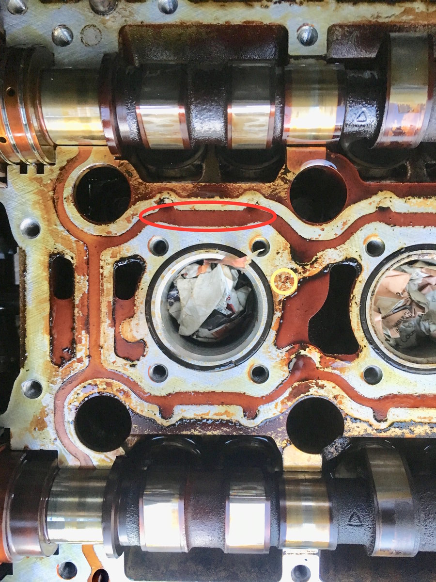 Cylinder 1 closeup with some areas circled for clarity.