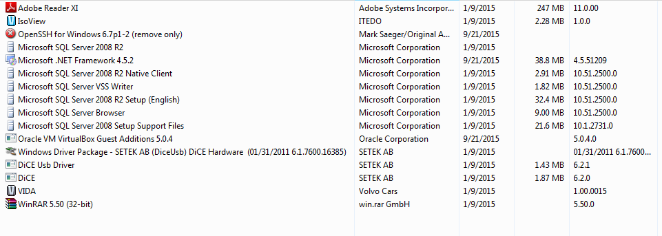 List of Installed Software