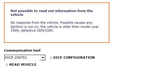 Error in VIDA when trying to Read vehicle
