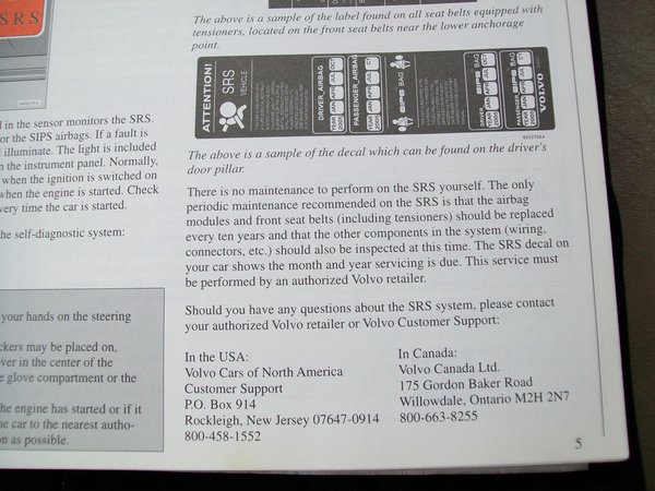 SRS Expiration Statment 1998 S70 Owner's Manual