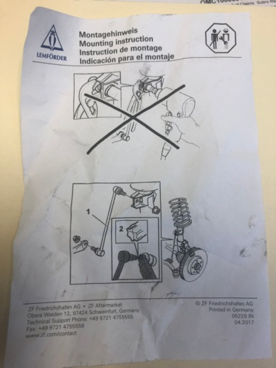 Lemfoerder instructions for installation of sway bar end links for Volvo 960