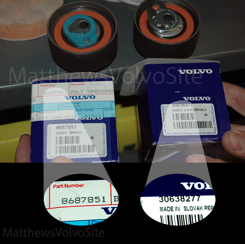 Special "blue" 2004 R Volvo timing belt tensioner required on 2004 Volvo R cars (left). Many dealers don't even know about this. Standard tensioner #30638277 is used for 98 1/2 To 2003 4 and 5 cylinder motors (right).