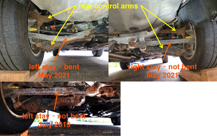 left rear control arm stay, straight in 2019, bent in 2021
