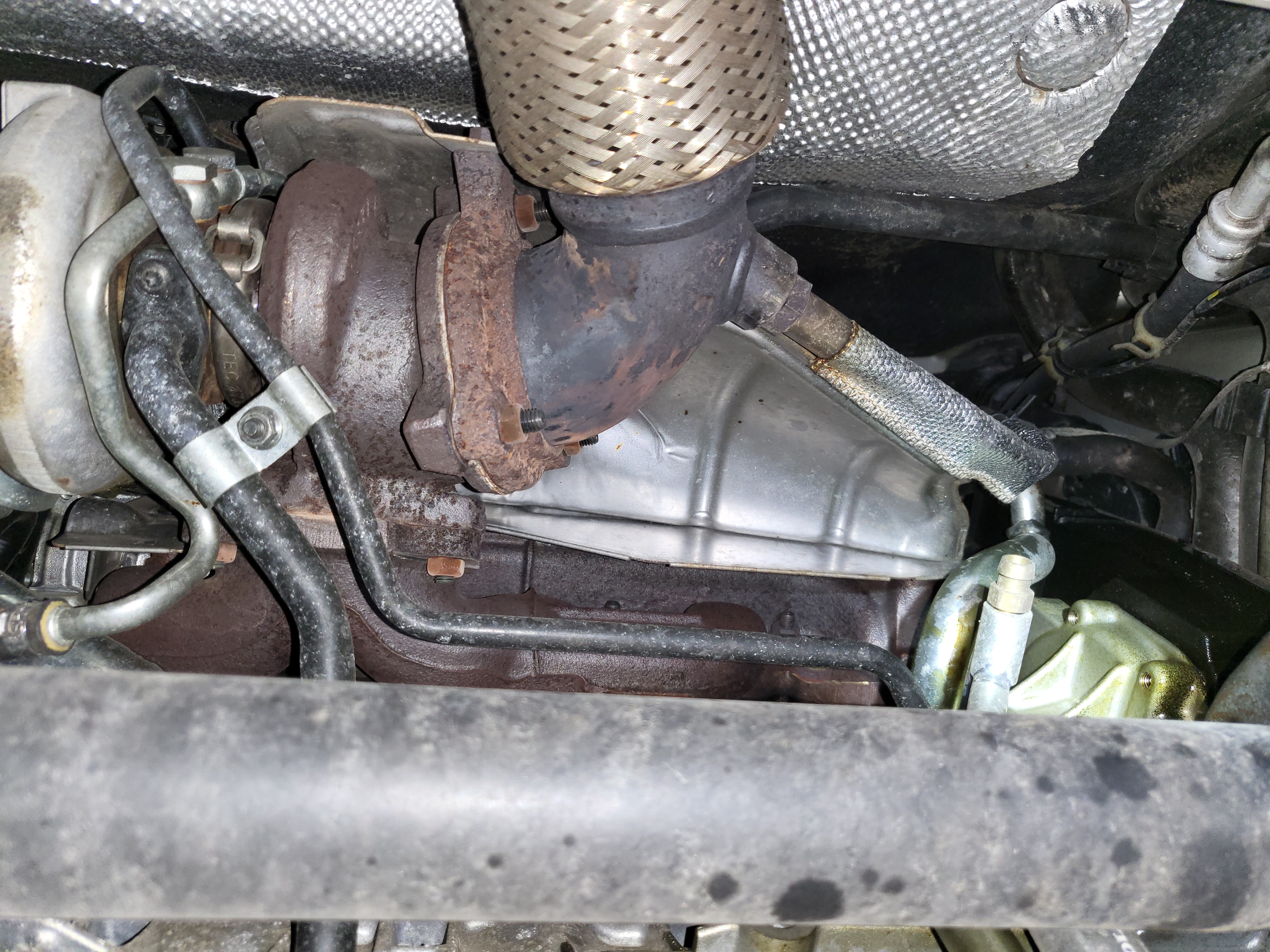 For reference: we are on the right side of the engine (between the engine and firewall). Turbo is to the left, leak is to the right.