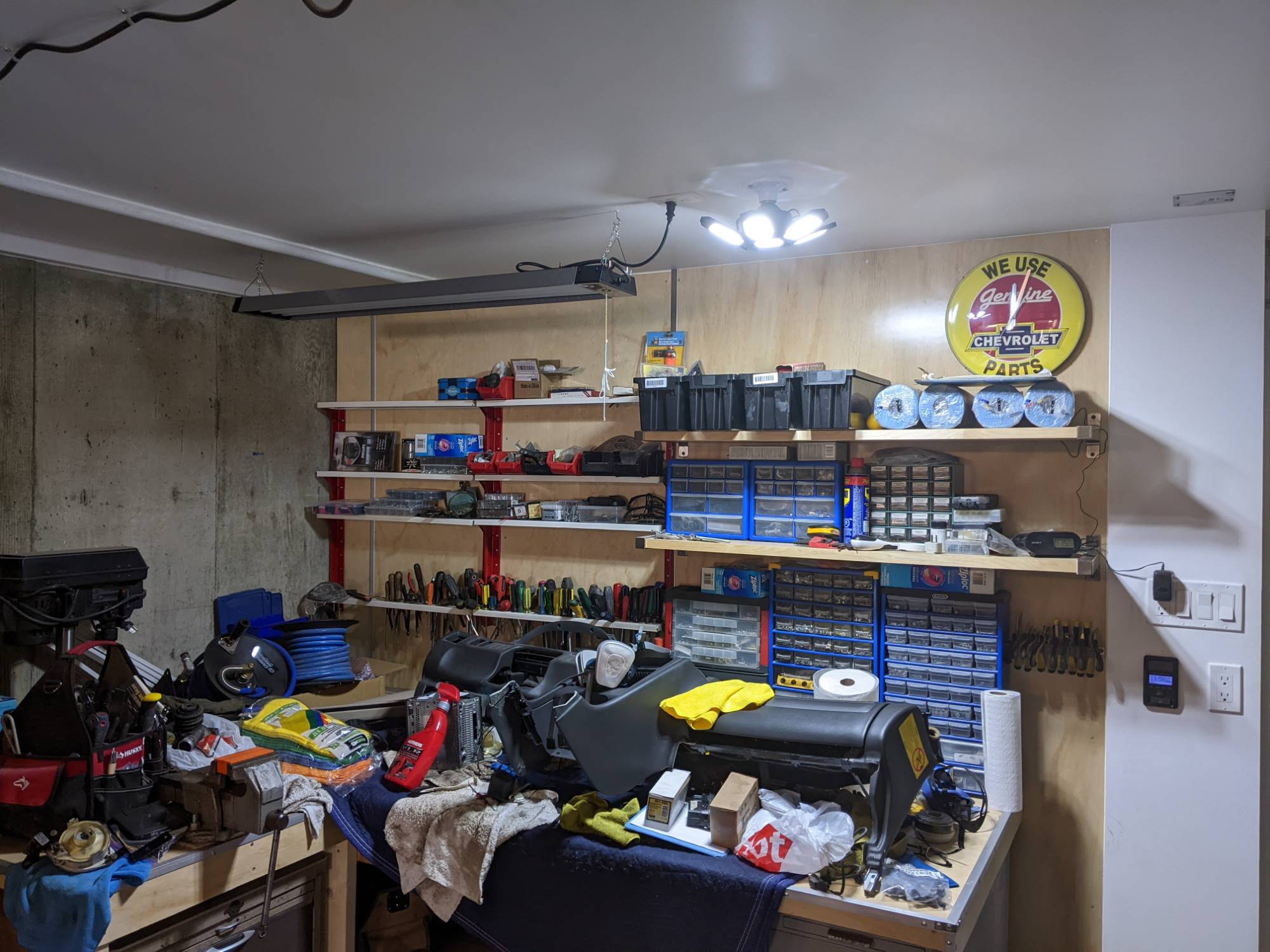 Old garage workbench and shelves