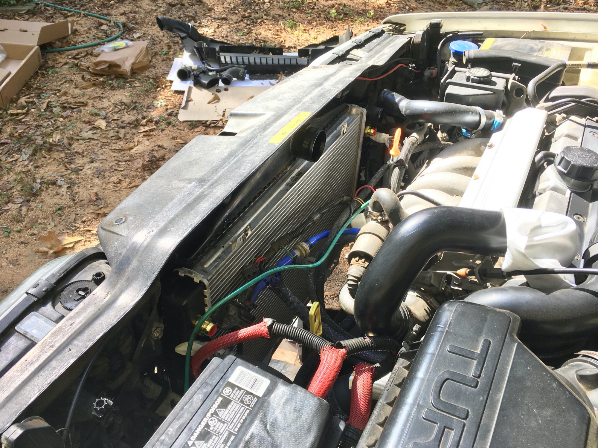 Nissens radiator installed, top view before putting fan shroud back in place