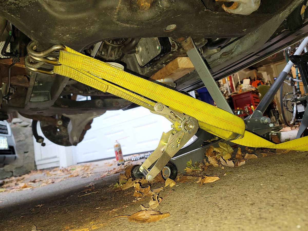 right engine mount/subframe alignment using ratchet strap/pry bar and floor jack