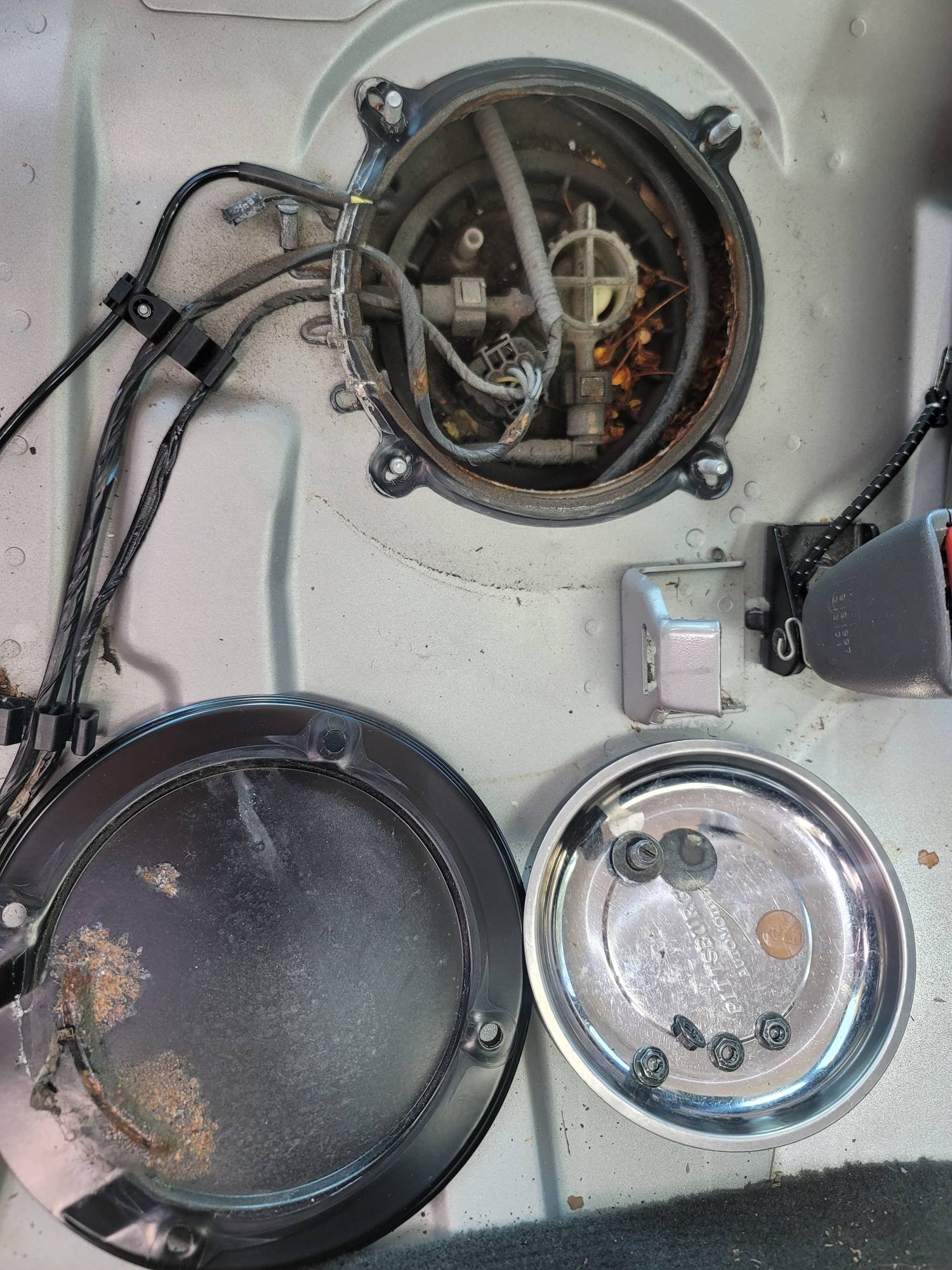 Corroded/degraded fuel pump backing plate and adjacent wiring.