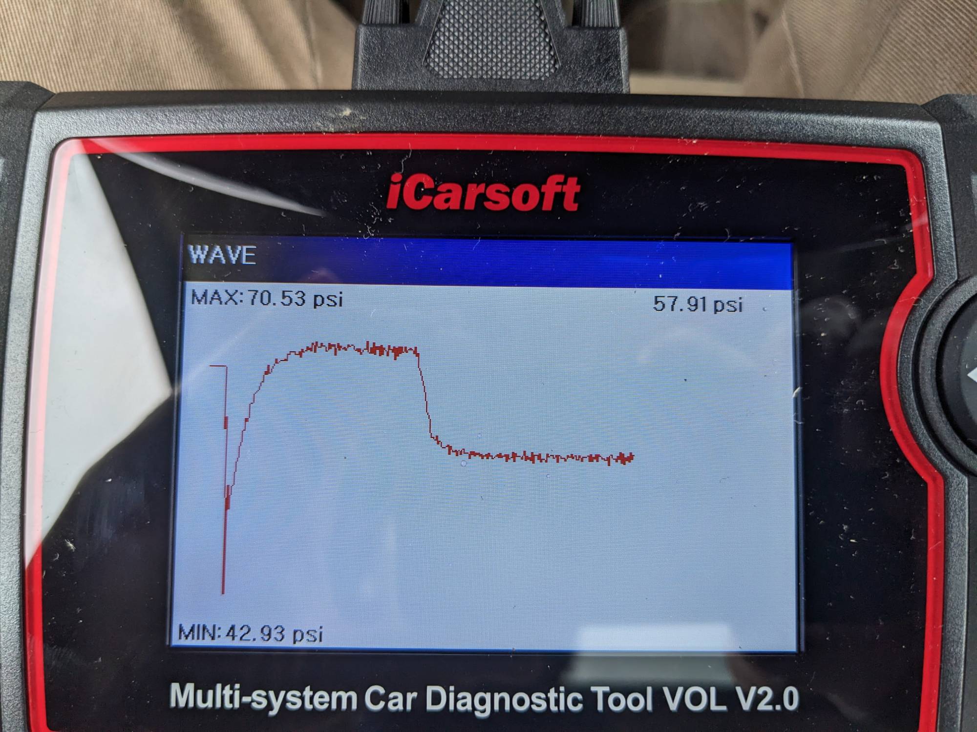 Fuel pressure at start (70 psi for a few seconds then down to 58 psi)