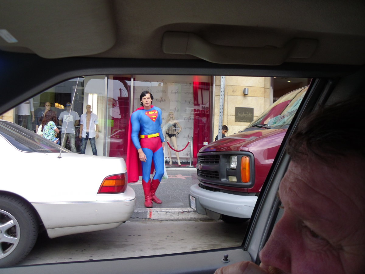 Talking with Superman, interior Volvo, on<br />Hollywood Blvd in LA, Old Hollywood Adventure: Walk with Him (facebook).