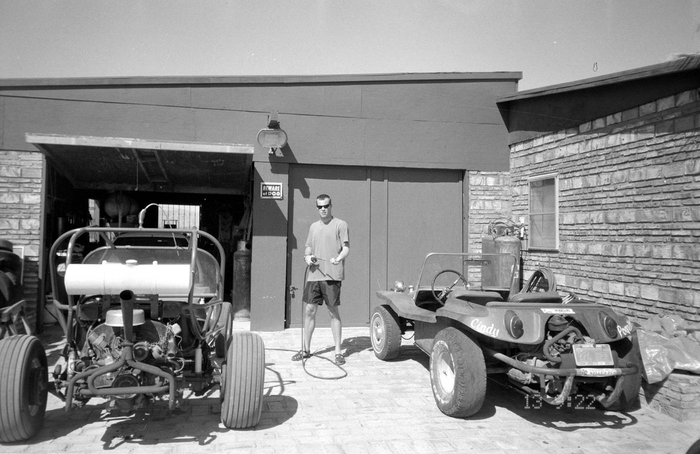 I've mentioned a few times here at MVS about ripping around the Mexican desert in a sand rail when I was young, and this is it (left). VW 1600, frame, wheels, seats... and that's about it. Couldn't have weighed more than 700 lbs. That's me with the compressor tire inflator hose. Cindy Poquita (right) was used more for gentler rides on hard sand and trips into town (~3 miles).