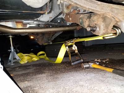 2004 XC70 with stays in place ratchet strap does not lower rear control arms sufficiently to install struts