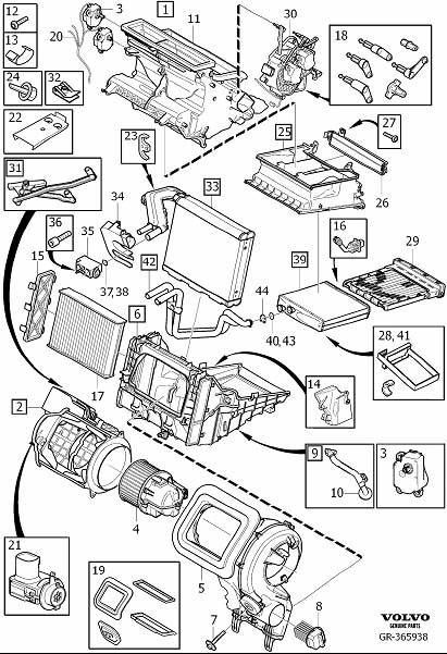 Volvo parts diagram showing recirculation damper unit below a/c evaporator box?