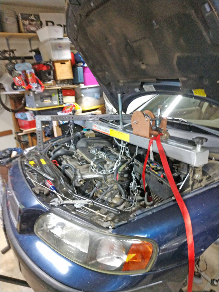 Trans in car, winch and cable attached for removal II.jpg