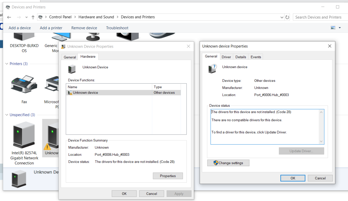 unknown driver for DiCE unit