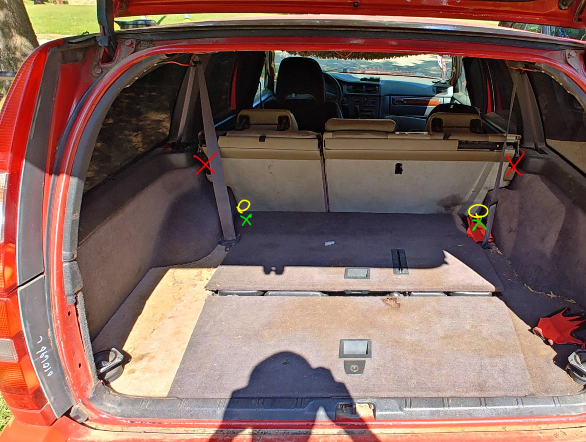 Remove seat latches and hinges, add hinges for hidden storage (yellow O)